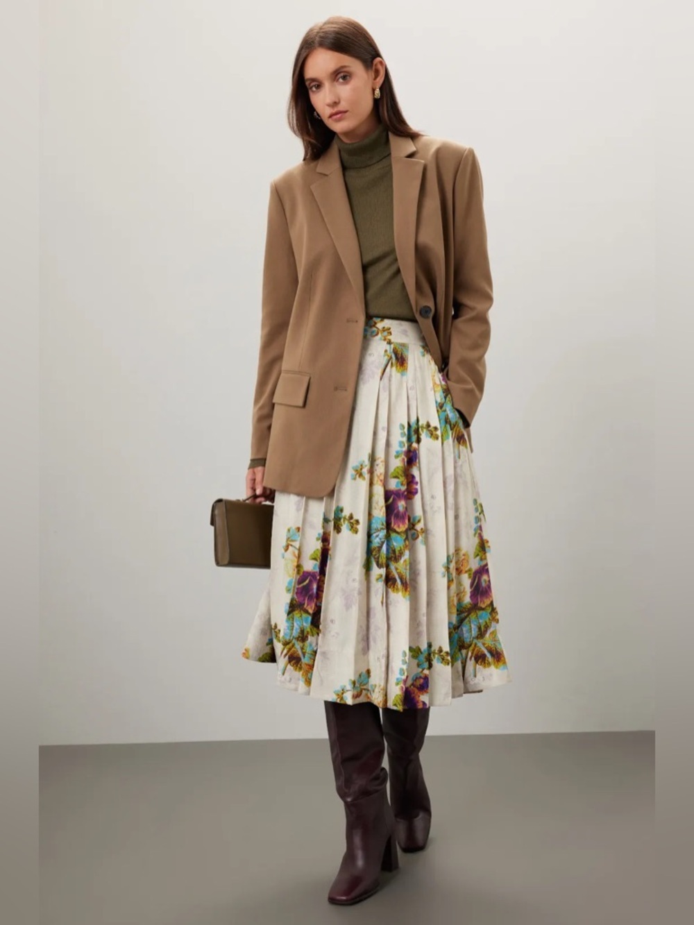 Tory Burch Floral Pleated Satin High Waisted Midi Skirt